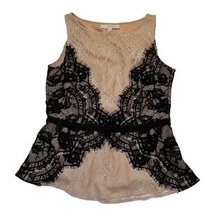 LOFT Whimsigoth Black Lace Overlay Nude Peplum Sleeveless Top Size 4